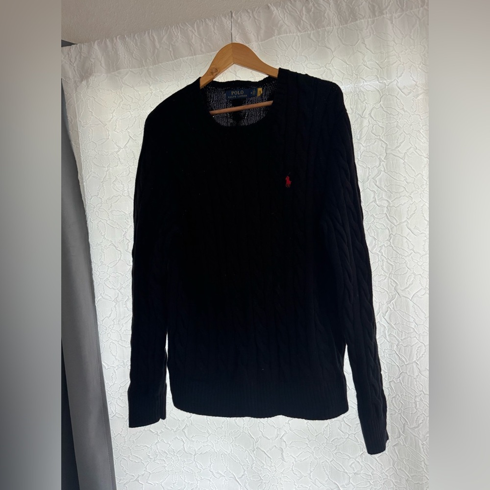 Ralph Lauren Black Cable Knit Crewneck Sweater with Red Logo